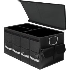 Stylish black storage box for opticians, perfect for organizing glasses, tools, and accessories. Durable design with multiple compartments and front pockets for efficient optical store management.