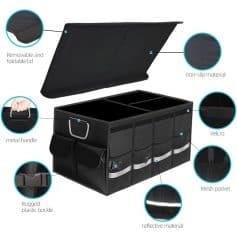 High-quality eyeglasses storage case, durable and multifunctional for optical accessories, with removable lid, mesh pockets, reflective material, and sturdy handle for easy transport.