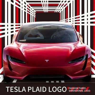 Red Tesla sports car in a futuristic, geometric tunnel with black, white, and red plaid pattern background.