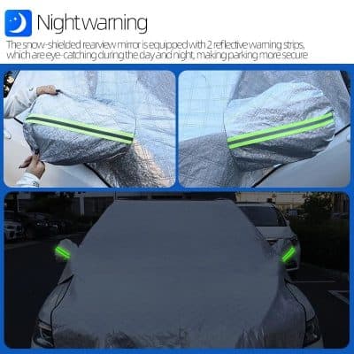 Reflective car mirror cover with warning stripes, enhances night visibility, safety during dark hours, adds protection against weather elements.