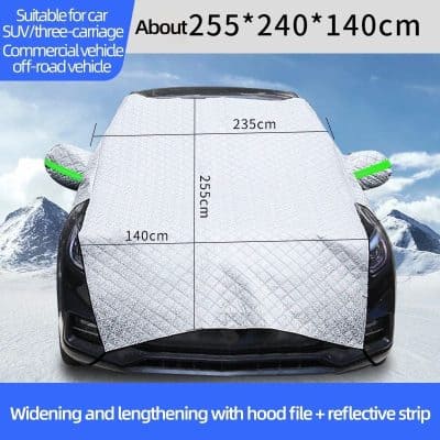 Durable protective car cover for SUV, off-road, and commercial vehicles, measuring approximately 255x240x140cm, ideal for winter and outdoor protection, with reflective strips for safety.