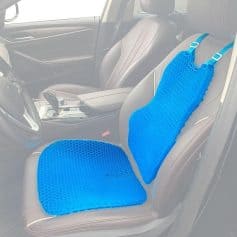 Blue ergonomic honeycomb seat cushion with back support for driving comfort and spinal alignment. Perfect for long drives and office use, enhancing posture and reducing fatigue.