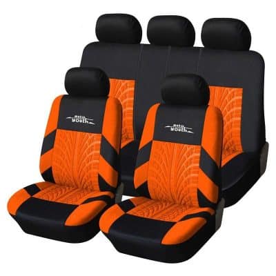 Durable orange and black auto seat covers with sleek design, perfect for protecting vehicle seats and enhancing interior style, available at Monalisa Store.