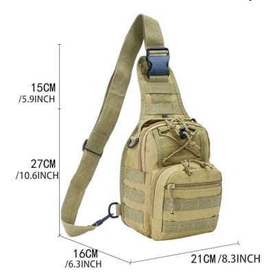Lightweight military-style sling backpack for outdoor activities and daily use. Features multiple compartments, adjustable strap, and water-resistant material.