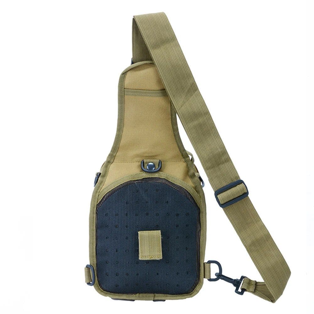 Durable tan and black sling bag for travel and outdoor activities. Adjustable strap, multiple compartments, lightweight design, perfect for keys, phone, and essentials, ideal for sports, hiking, or daily use.