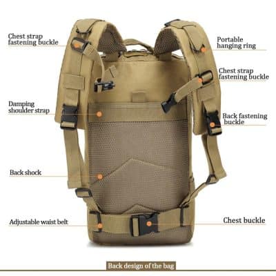 Light-colored tactical backpack with adjustable straps, multiple buckles, and secure fastening features for outdoor travel or hiking.