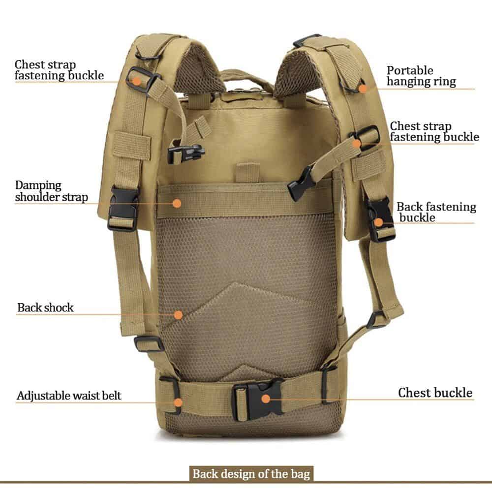 Light-colored tactical backpack with adjustable straps, multiple buckles, and secure fastening features for outdoor travel or hiking.