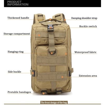Travel backpack with waterproof fabric, spacious storage compartments, thickened handle, and ergonomic design. Ideal for outdoor, hiking, or everyday use, featuring convenient buckle switches and multiple attachment points for accessories.