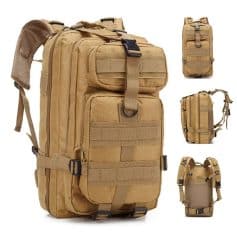 Durable tactical backpack for travel, hiking, or outdoor gear, with multiple compartments, MOLLE webbing, and adjustable straps for versatile usage and comfort.