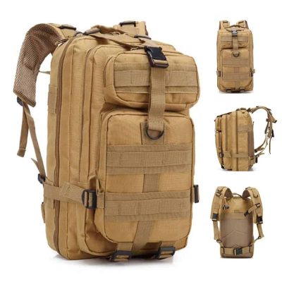 Durable tactical backpack for travel, hiking, or outdoor gear, with multiple compartments, MOLLE webbing, and adjustable straps for versatile usage and comfort.