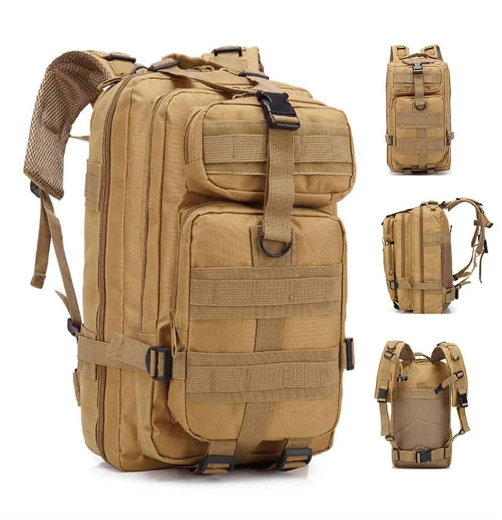 Durable tactical backpack for travel, hiking, or outdoor gear, with multiple compartments, MOLLE webbing, and adjustable straps for versatile usage and comfort.