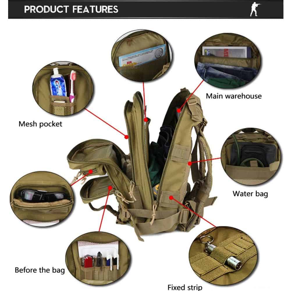 Highly functional tactical backpack with multiple compartments, mesh pocket, main warehouse, water bag, and secure fixed strip for outdoor and military use.