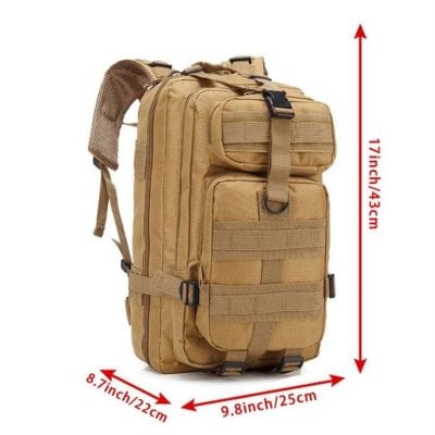 Durable tan tactical backpack with multiple compartments and MOLLE webbing, ideal for travel, hiking, and outdoor activities. Spacious design for carrying essentials securely.