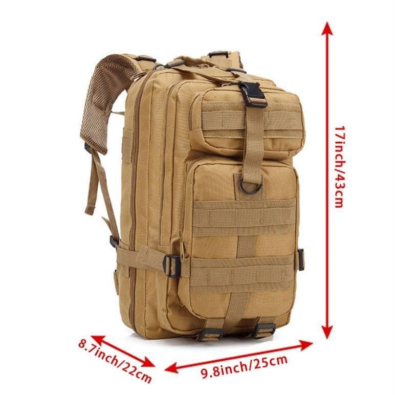 Durable tan tactical backpack with multiple compartments and MOLLE webbing, ideal for travel, hiking, and outdoor activities. Spacious design for carrying essentials securely.