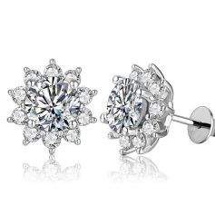 Luxury diamond flower stud earrings for women, featuring sparkling round-cut diamonds in a floral design, perfect for special occasions and daily elegance.
