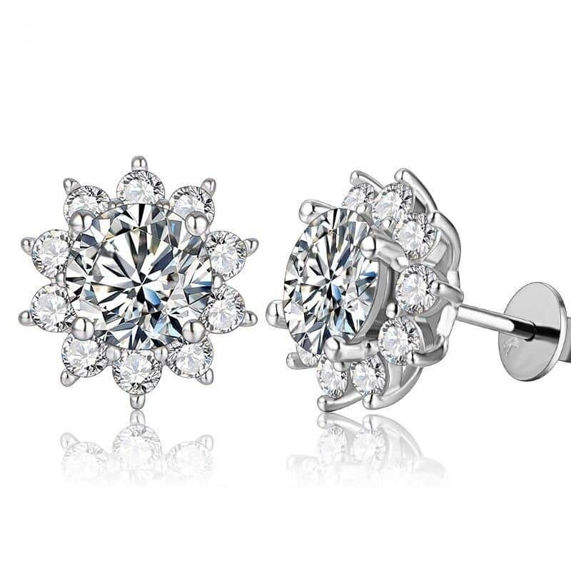 Luxury diamond flower stud earrings for women, featuring sparkling round-cut diamonds in a floral design, perfect for special occasions and daily elegance.