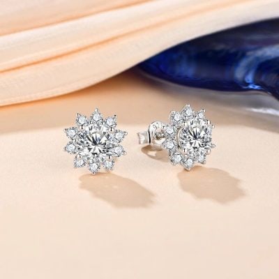 Sparkling diamond flower stud earrings in silver, perfect for special occasions and everyday elegance, available at Monalisa Medical Jewelry.