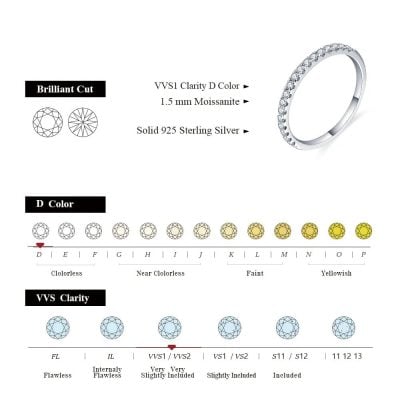 Brilliant cut diamond ring in solid 925 sterling silver, featuring VVS1 clarity and 1.5mm moissanite accent, perfect for engagement or special occasions.