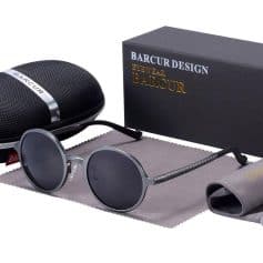 Stylish Barcur sunglasses with UV protection, flexible arms, and trendy design, perfect for fashion-forward individuals in need of quality eye protection. Includes case and cleaning cloth.