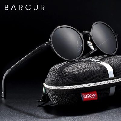Stylish black Barcur sunglasses with UV protection and polarized lenses, perfect for outdoor use and eye health. Comes with a durable protective case for easy storage.