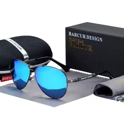 Stylish blue mirrored sunglasses from Barcur with polarized lenses for eye protection and UV shielding, perfect for outdoor activities and fashion statements.