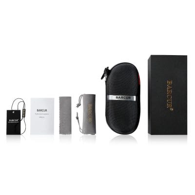High-quality BARCUR polarized sunglasses kit with protective case, cleaning cloth, and accessories, ideal for eye health and fashion.