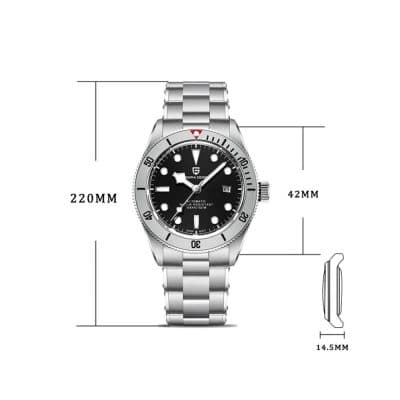 High-quality stainless steel dive watch with 220mm band, 42mm case, and 14.5mm thickness, perfect for ocean adventures and daily wear.