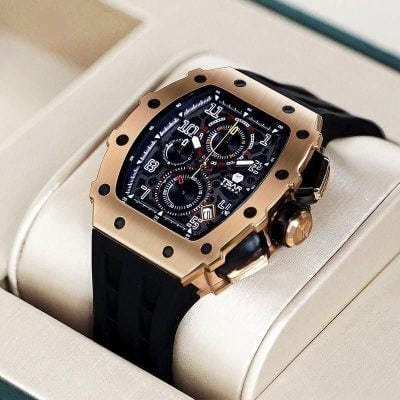 High-end men's luxury watch with gold-tone case, chronograph dial, and black strap, ideal for elegant accessories and fashion statements.