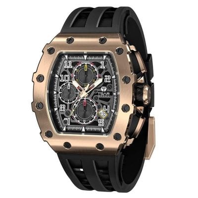 High-end men's luxury sports watch with chronograph, stainless steel, and black rubber strap from Monalisa Medical. Elegant timepiece for sophisticated style.