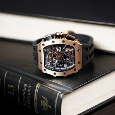 High-end luxury watch with black strap, chronograph features, and metallic case, perfect for sophisticated style. Ideal for watch enthusiasts and collectors.