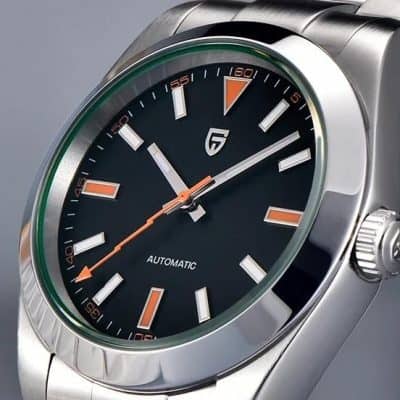 A stylish men's casual wristwatch featuring a modern black dial, orange accents, and an automatic movement. Perfect for accessories at Monalisa Store’s watch collection.