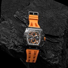 A luxury sports watch with a black case and vibrant orange strap, ideal for active lifestyles and stylish accessorizing. Perfect for those seeking premium quality and modern design.