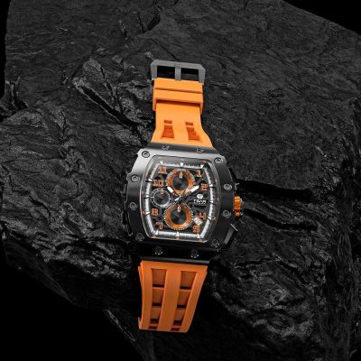 A luxury sports watch with a black case and vibrant orange strap, ideal for active lifestyles and stylish accessorizing. Perfect for those seeking premium quality and modern design.