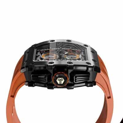High-resolution image of a luxury men's wristwatch featuring a skeleton dial, black case, and orange strap, perfect for luxury watch enthusiasts and collectors.