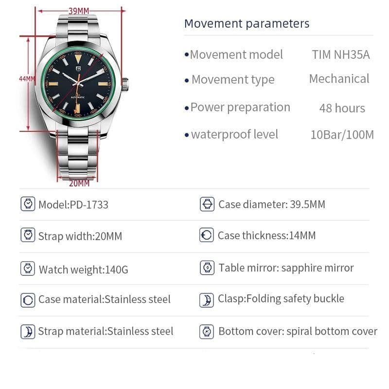 High-quality stainless steel mens watch with sapphire mirror, waterproof, 48-hour power reserve, and precise mechanical movement for style and durability.