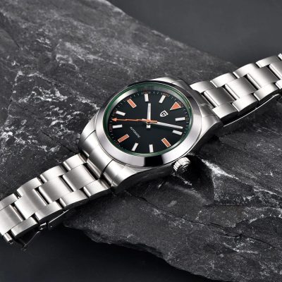 Luxury stainless steel men's watch featuring a black dial, modern design, and automatic movement for a timeless accessory.