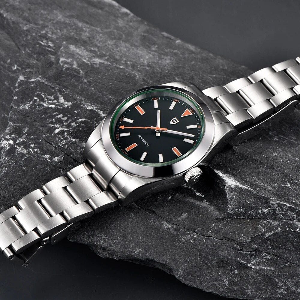 Luxury stainless steel men's watch featuring a black dial, modern design, and automatic movement for a timeless accessory.