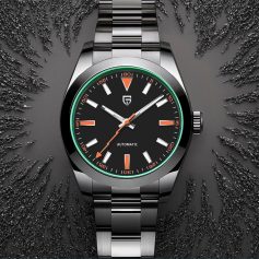A stylish men's automatic wristwatch with a sleek black dial, luminous markers, and stainless steel bracelet, perfect for luxury accessories and accurate time management.