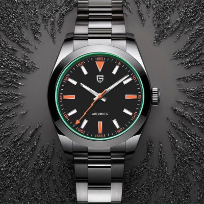 A stylish men's automatic wristwatch with a sleek black dial, luminous markers, and stainless steel bracelet, perfect for luxury accessories and accurate time management.