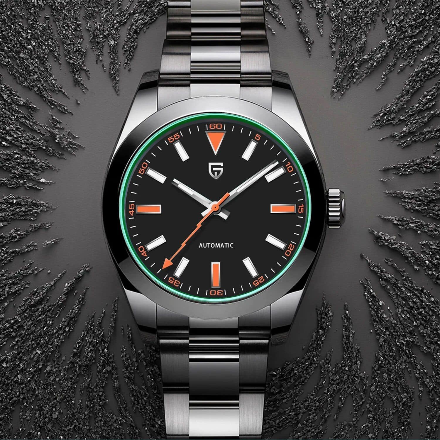 A stylish men's automatic wristwatch with a sleek black dial, luminous markers, and stainless steel bracelet, perfect for luxury accessories and accurate time management.