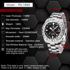 Stainless steel men's watch with black dial, GMT function, 42MM diameter, 14MM case thickness, water-resistant up to 200M, and elegant design from Monalisa Store.