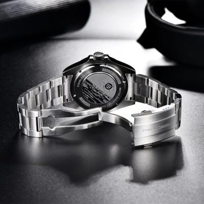 Stainless steel luxury watch featuring Pagani Design branding, a robust band, and a stylish black face for men's fashion and premium accessories.