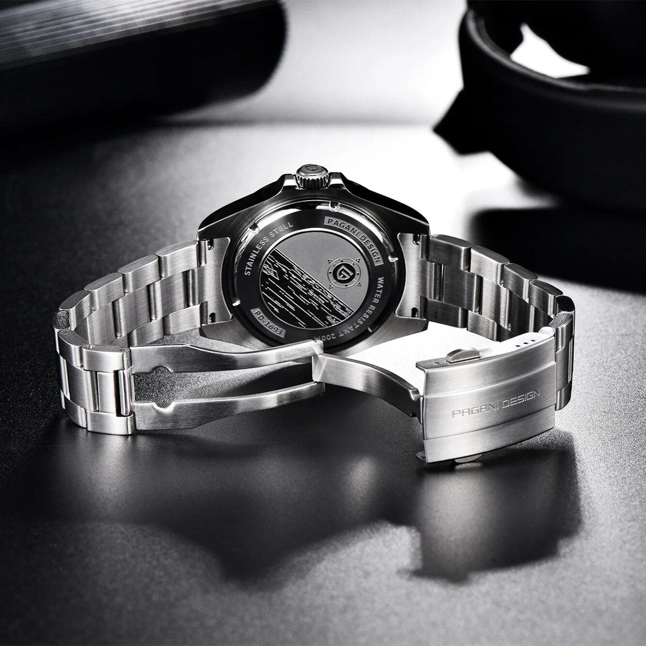 Stainless steel luxury watch featuring Pagani Design branding, a robust band, and a stylish black face for men's fashion and premium accessories.