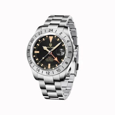 High-quality men's luxury wristwatch with stainless steel band, dual time zone, GMT functionality, and water resistance, perfect for stylish and sophisticated accessories.