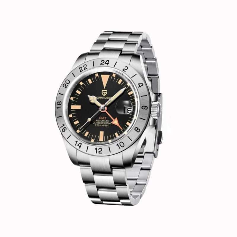 High-quality men's luxury wristwatch with stainless steel band, dual time zone, GMT functionality, and water resistance, perfect for stylish and sophisticated accessories.