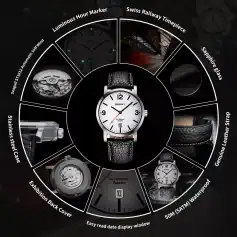 Luxury Swiss men's watch with automatic movement and leather strap, featuring sapphire glass, 50M waterproof, and luminous hands for stylish, durable timekeeping.