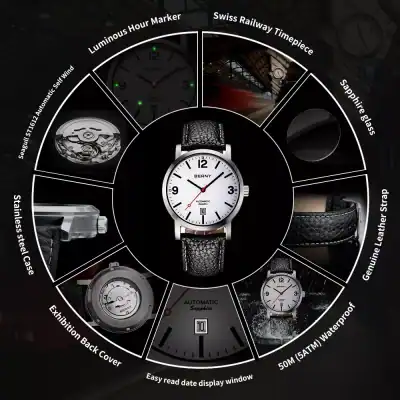 Luxury Swiss men's watch with automatic movement and leather strap, featuring sapphire glass, 50M waterproof, and luminous hands for stylish, durable timekeeping.