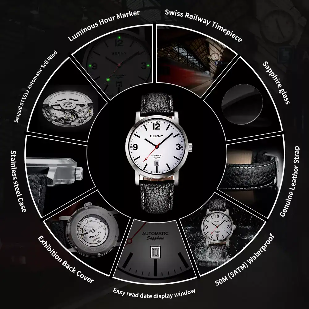 Luxury Swiss men's watch with automatic movement and leather strap, featuring sapphire glass, 50M waterproof, and luminous hands for stylish, durable timekeeping.