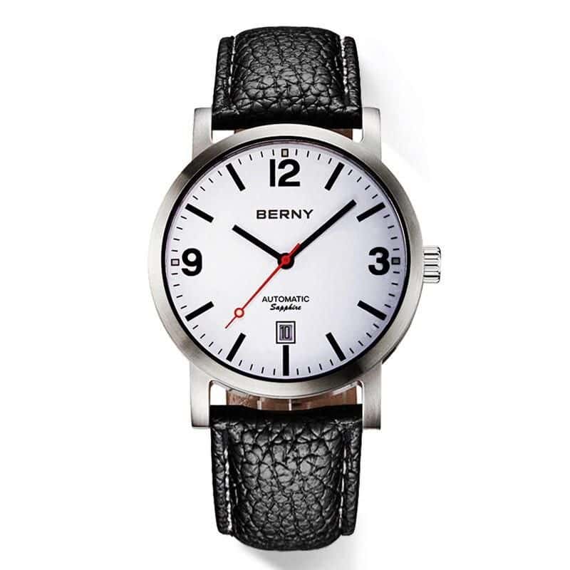 Classic men's automatic wristwatch with black leather strap, silver case, white dial, and date display, perfect for elegant style and daily use.