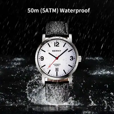 High-quality waterproof Berny watch with 50m (5ATM) resistance, automatic movement, and sleek design, perfect for daily wear and active lifestyles.
